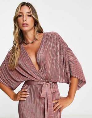 Title: ASOS Design Plisse Wrap Midi Dress Pink Metallic Batwing Sleeve US 8
